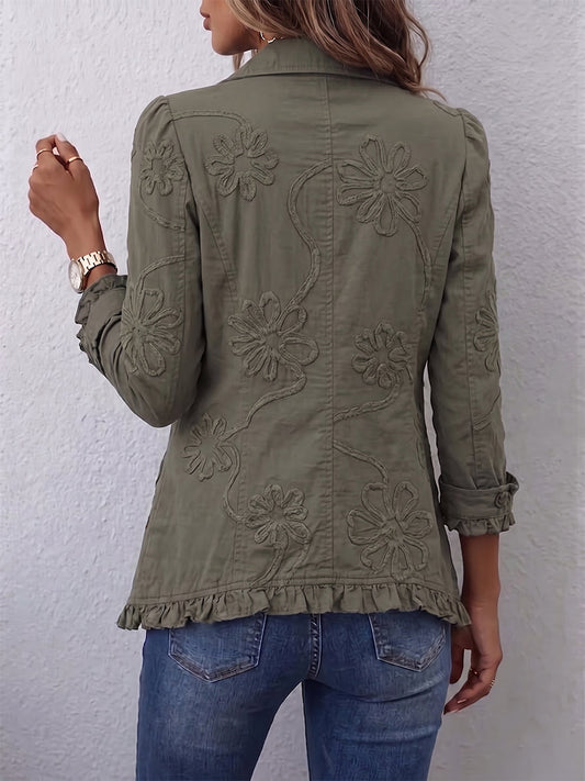Alexandrine | Bohème-Chic Jacke mit Retro-Blumenstickerei und Rüschenabschlüssen