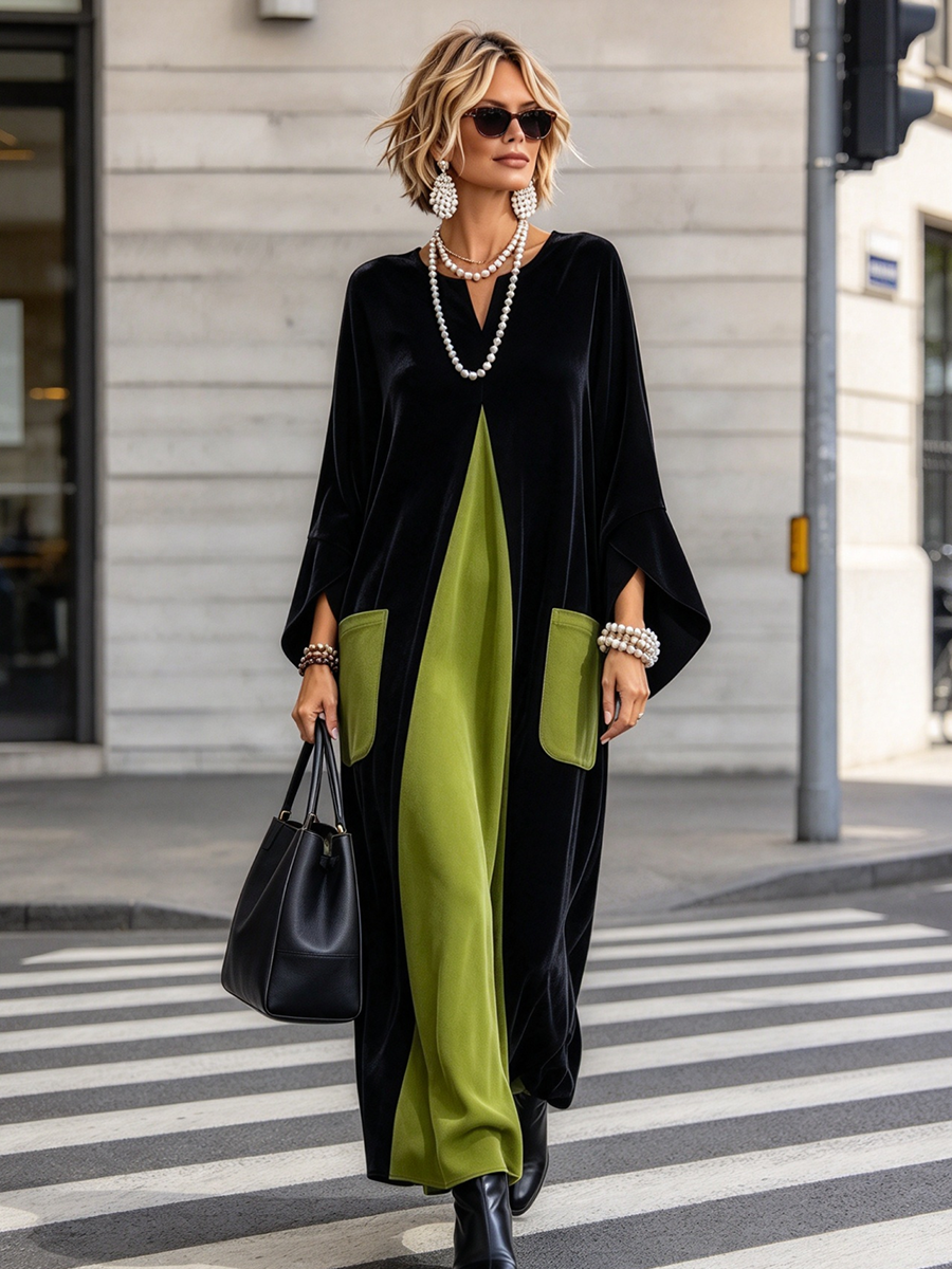 Gisèle | Elegantes und Künstlerisches Farbblock-Velourskleid