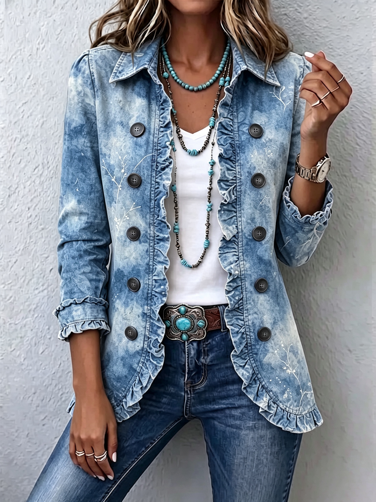 Guenièvre | Vintage Bohemian Botanische Jacke Blau mit Rüschen