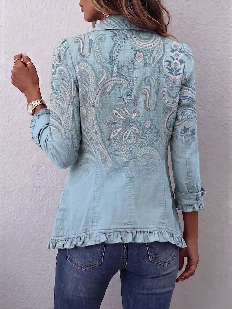 Émilie | Vintage Paisley Jacke Himmelblau mit Volants