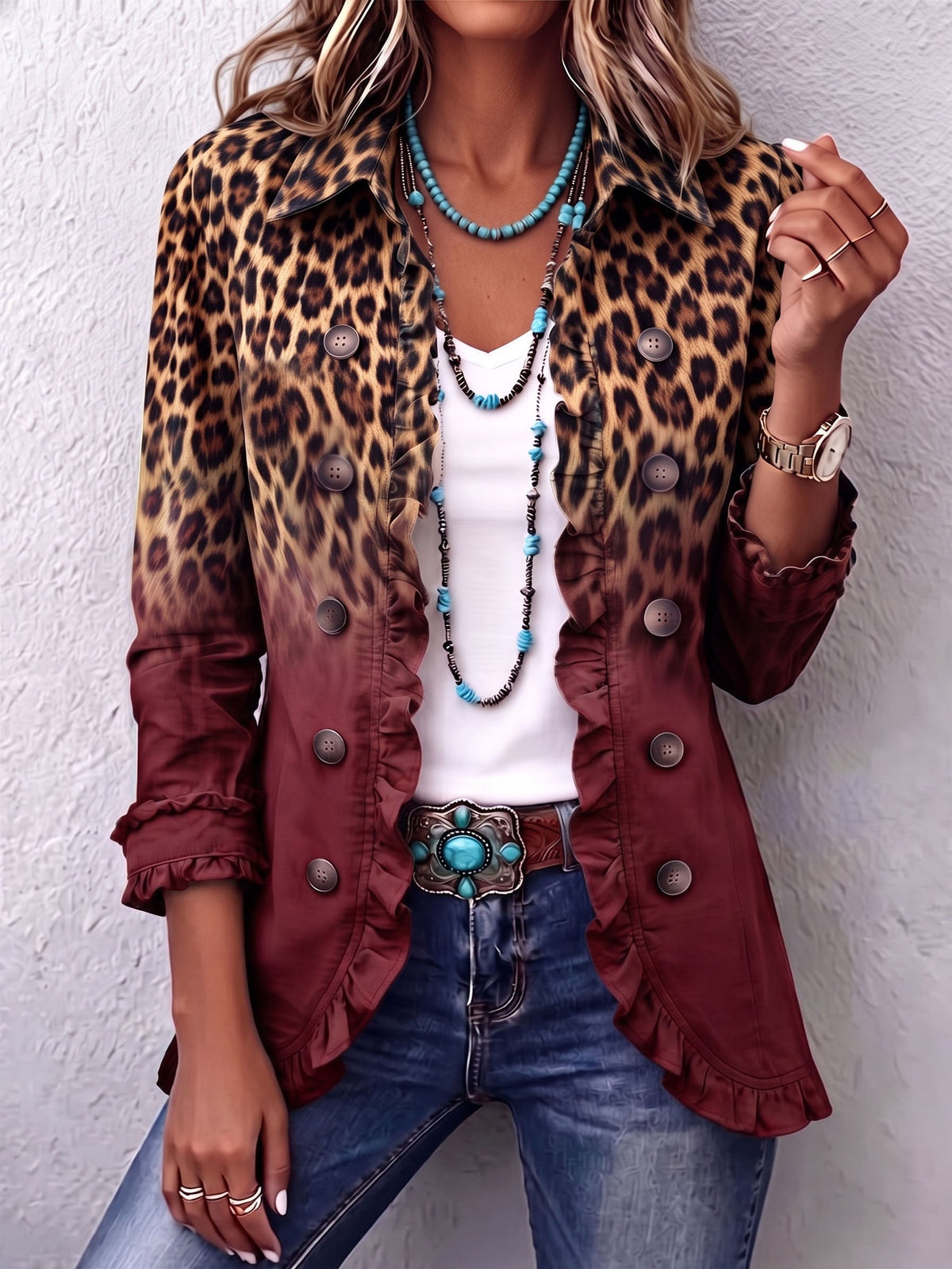Béatrice | Blazer Leopardenverlauf Türkis mit Rüschen