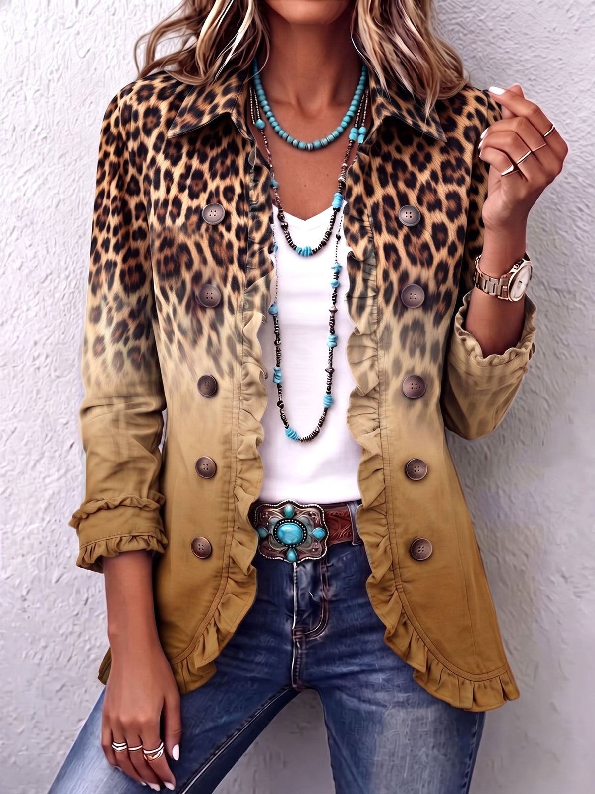 Paule | Blazer Leopard Farbverlauf Ocker mit Rüschen