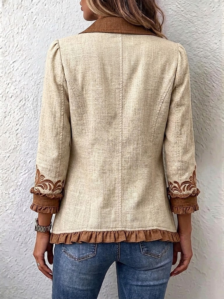 Octavie | Vintage Boho Blümchenjacke in Camel und Braun mit Volants