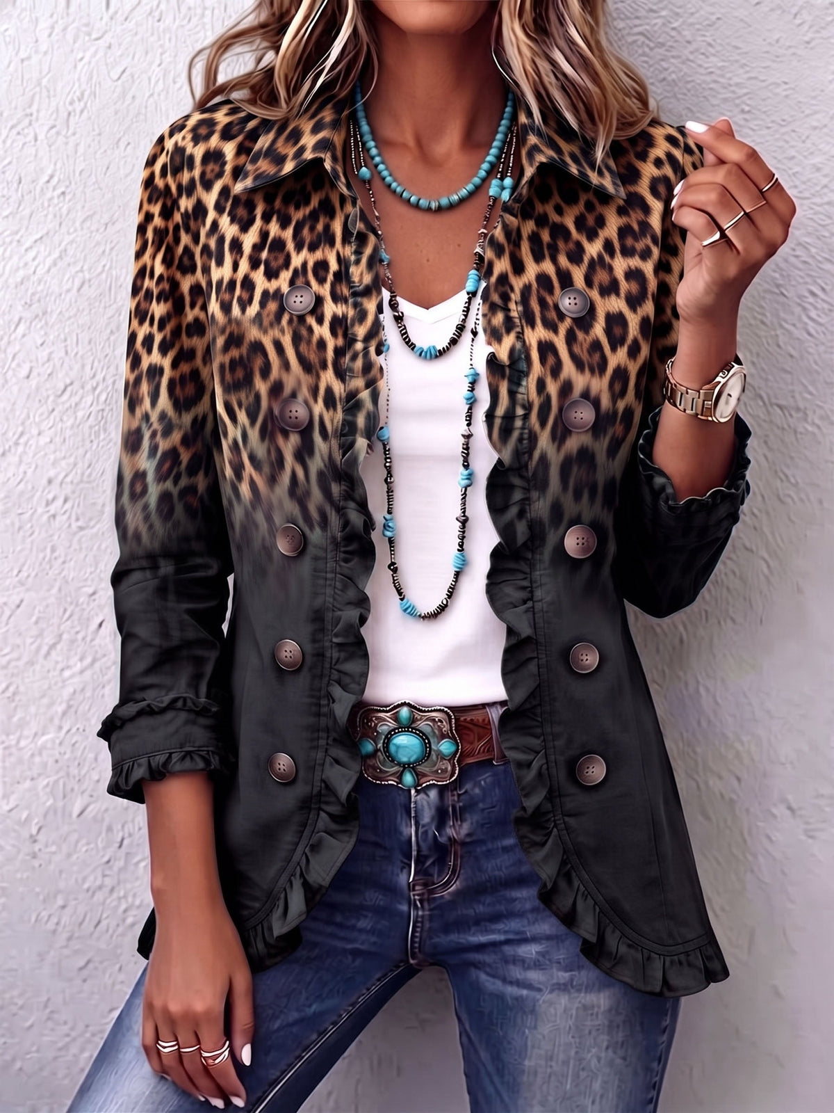 Valentine | Blazer Leopard Farbverlauf Anthrazit mit Rüschen