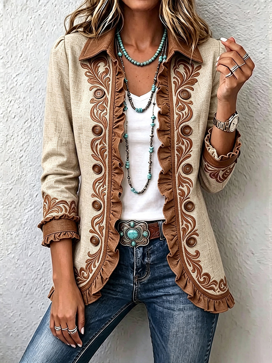 Octavie | Vintage Boho Blümchenjacke in Camel und Braun mit Volants