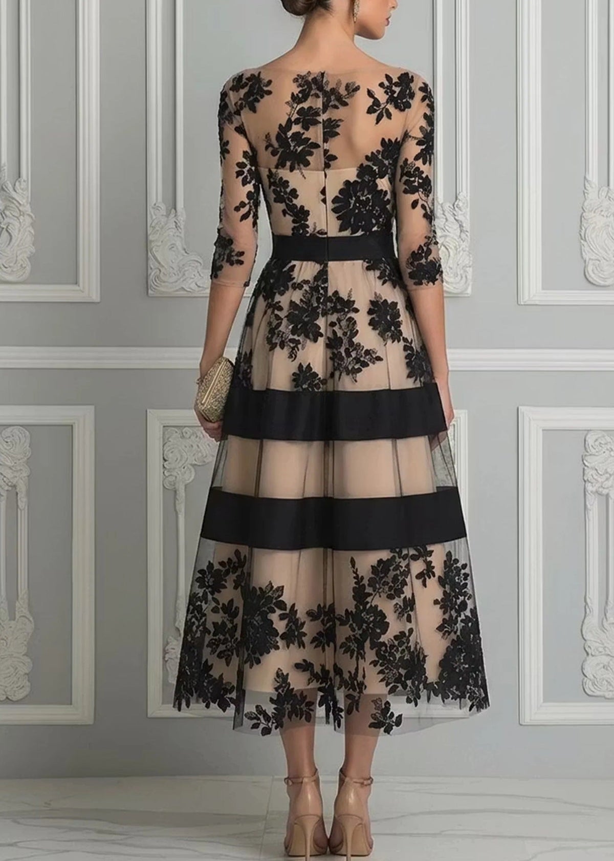 Erica – Elegantes Midi-Abendkleid mit Floralspitze und Tüll