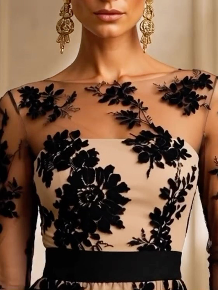 Erica – Elegantes Midi-Abendkleid mit Floralspitze und Tüll