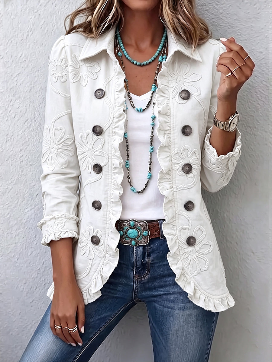 Camille | Boho-Chic Jacke mit Blumenstickerei in Elfenbein mit Raffung