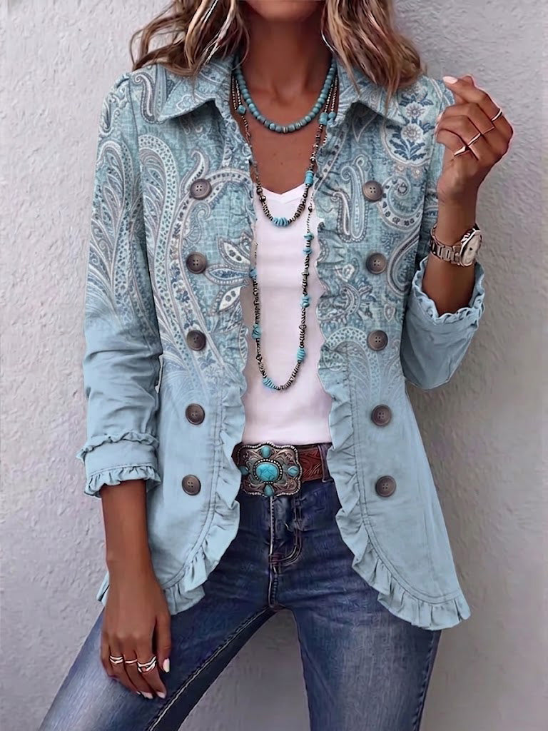 Émilie | Vintage Paisley Jacke Himmelblau mit Volants