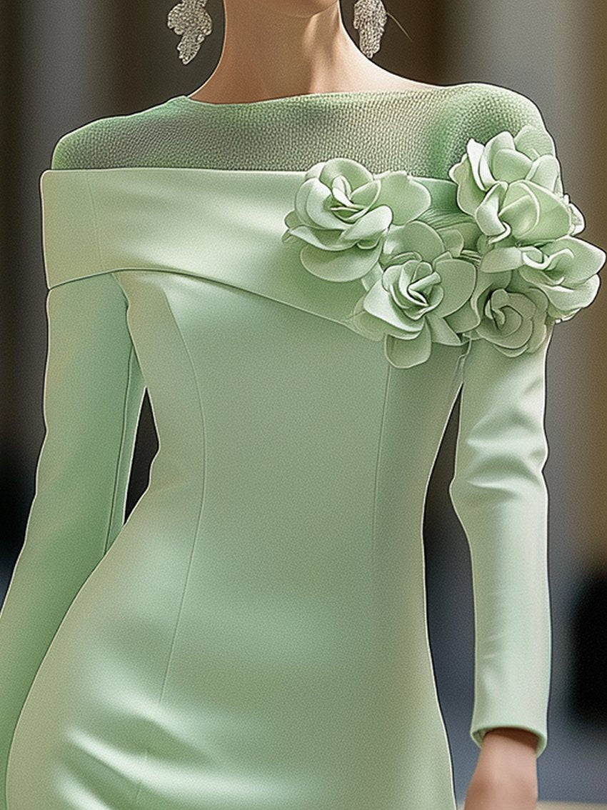 Rundhals Off-Shoulder 3D Blumen Midi Kleid