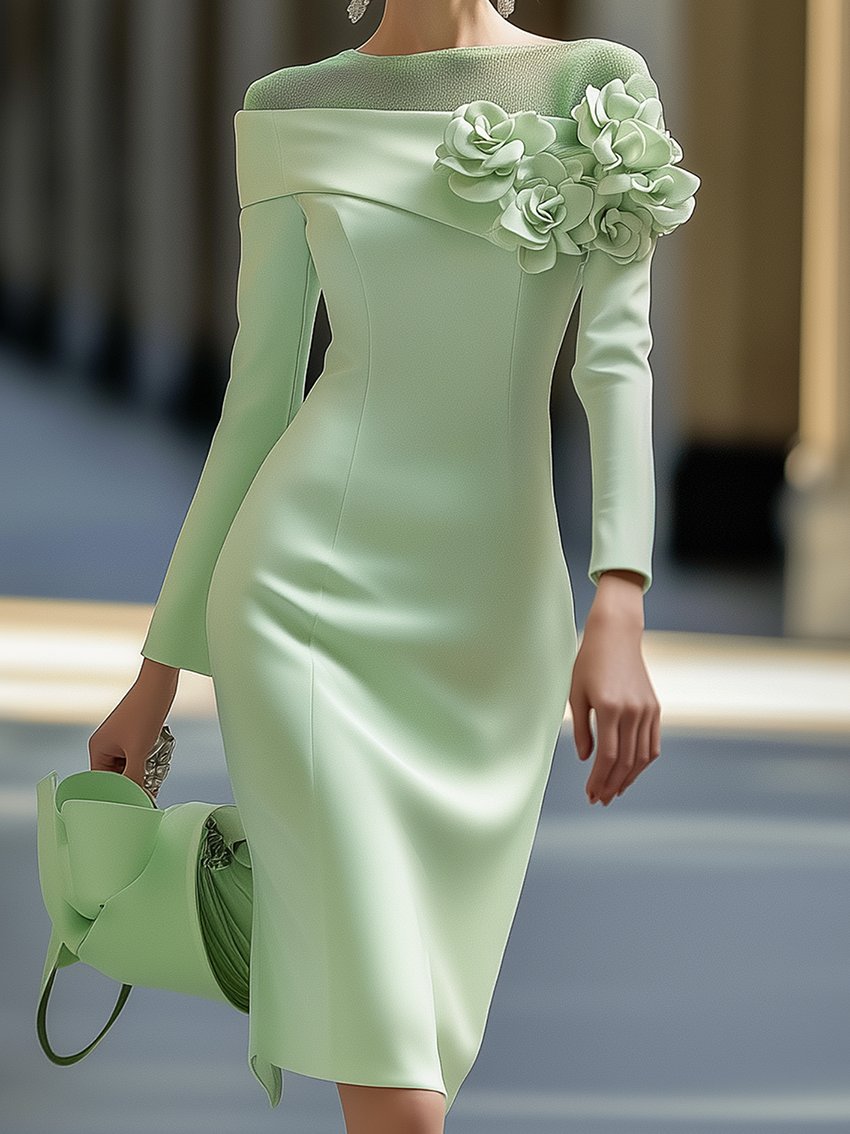 Rundhals Off-Shoulder 3D Blumen Midi Kleid