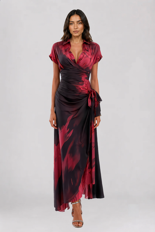 ALESSIA – Elegantes Wickel-Midikleid in Rot und Schwarz