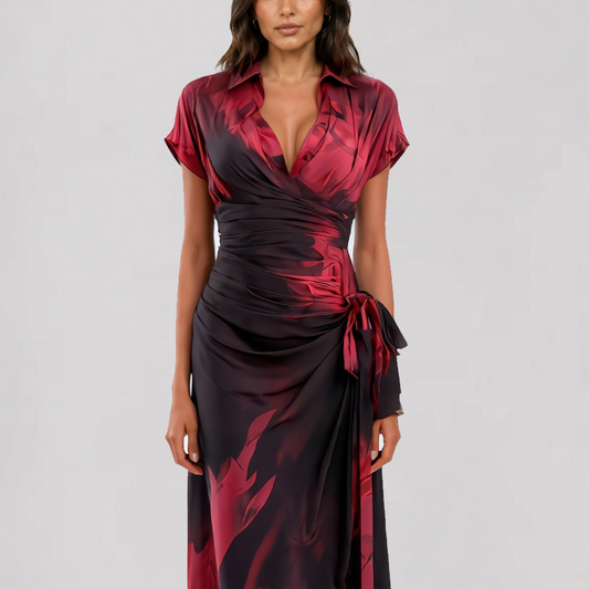 ALESSIA – Elegantes Wickel-Midikleid in Rot und Schwarz