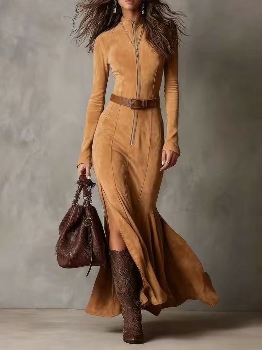 Marceline | Braunes Maxikleid mit Gürtel