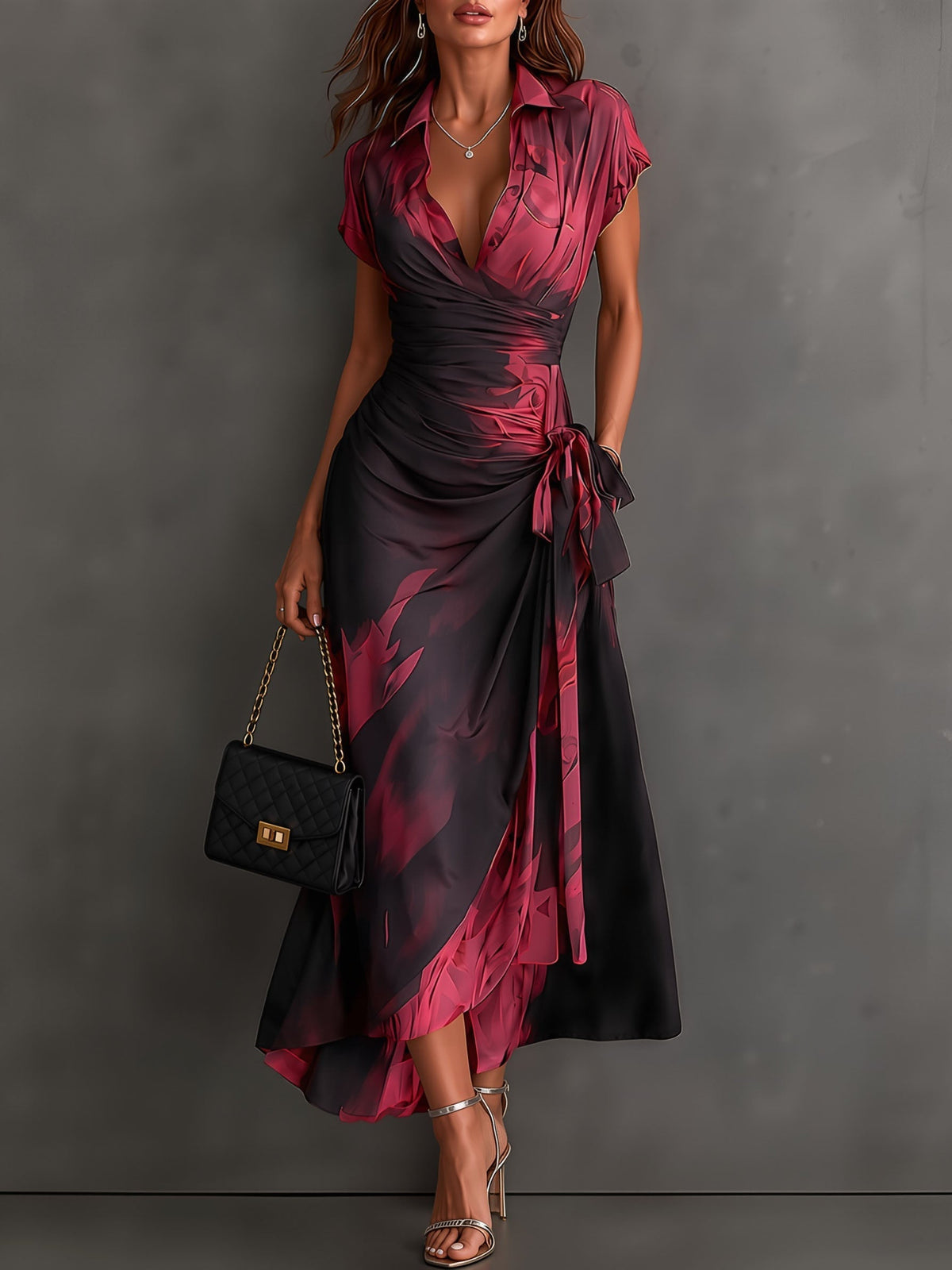 Victorine | Gedrucktes Rot und Schwarz Wickelkleid